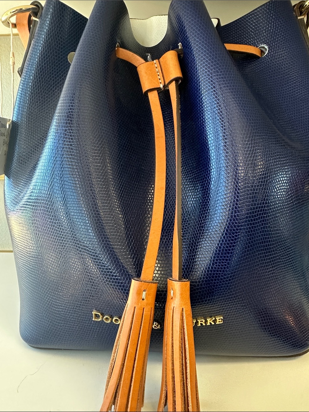 Dooney & Bourke Navy Textured Leather Drawstring Shoulder Bag with Tan Tassels